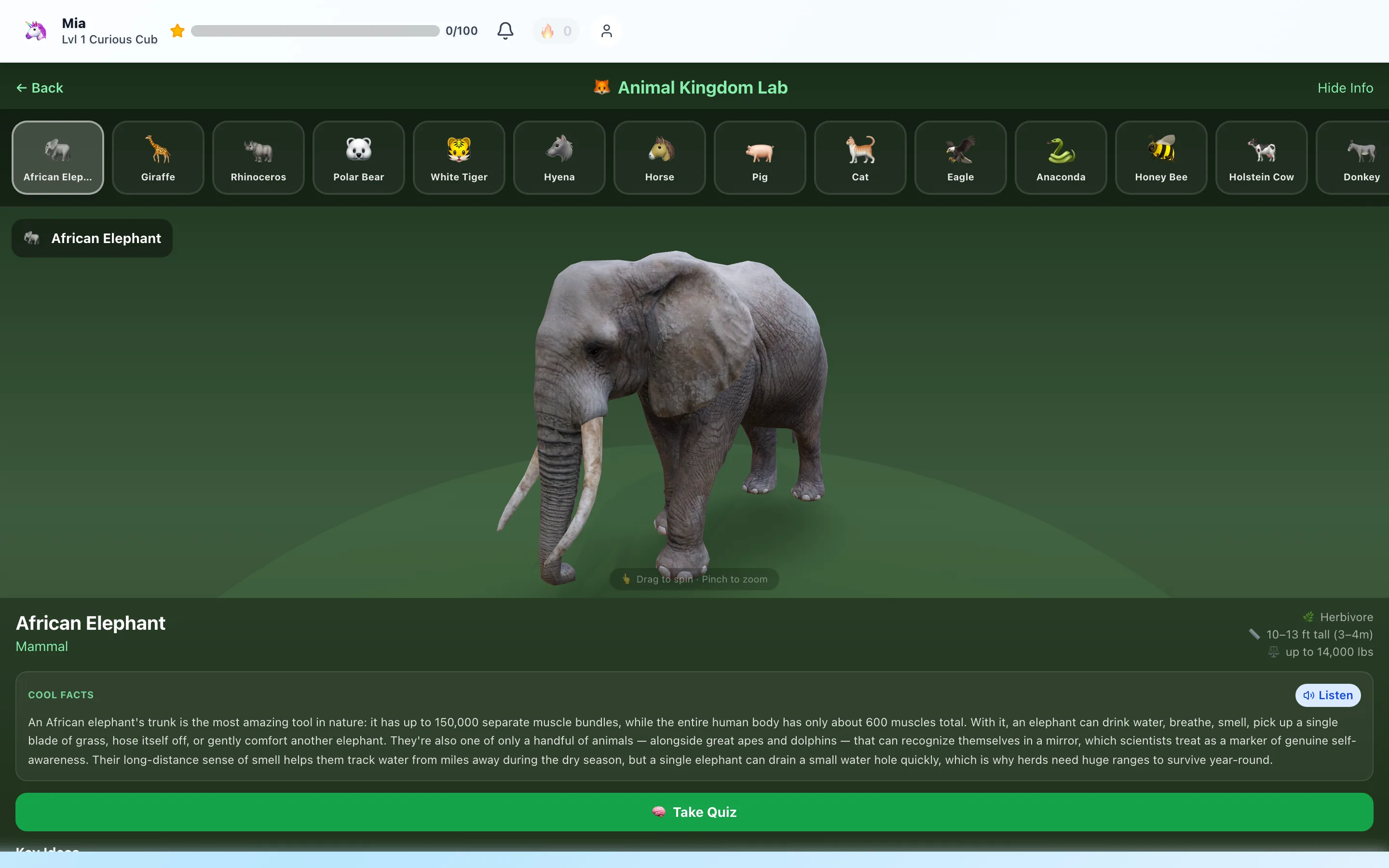 The Animal Kingdom Lab's opening screen: a photorealistic 3D African elephant a child can drag to spin, with an animal rail across the top — elephant, giraffe, rhinoceros, polar bear, white tiger, hyena, horse, pig, cat, eagle, anaconda, honey bee, Holstein cow, donkey — and a Cool Facts panel about the trunk's 150,000 muscle bundles