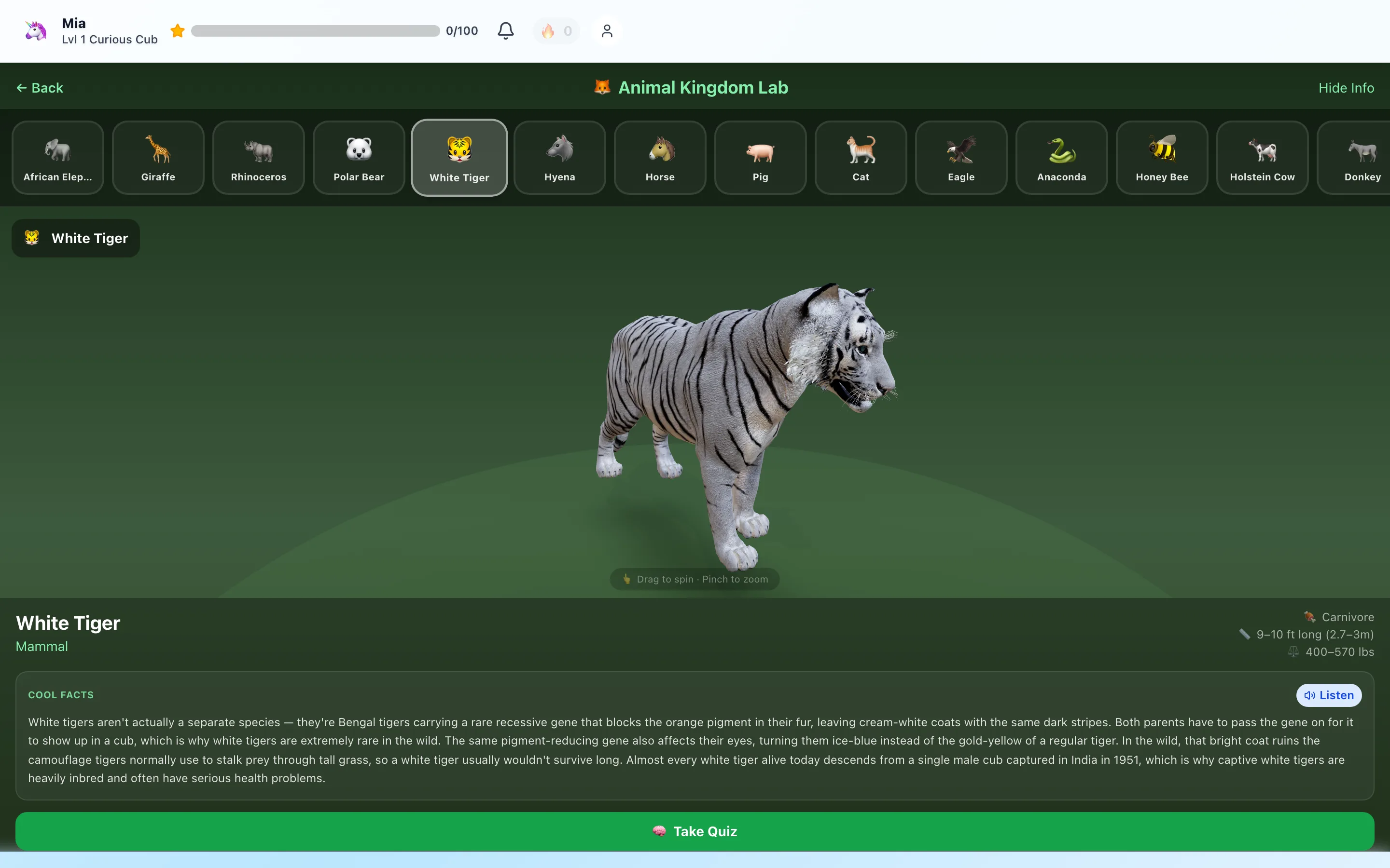 The Animal Kingdom Lab showing a photorealistic 3D white tiger a child can spin and zoom, with a Cool Facts panel explaining the recessive gene behind its white coat