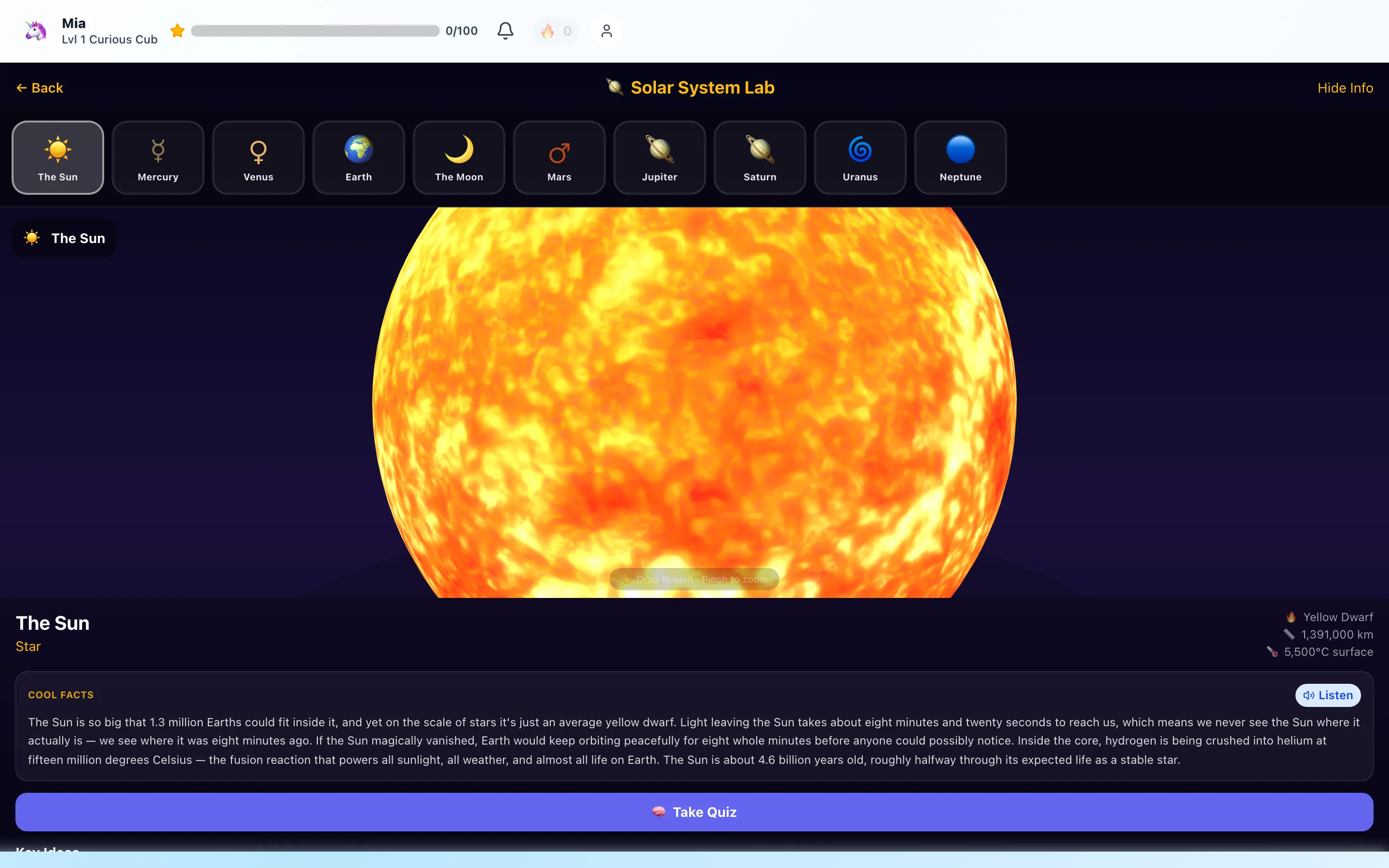 The Solar System Lab's opening screen: a large 3D model of the Sun that a child can drag to spin and pinch to zoom, with a row of selectable objects — the Sun, Mercury, Venus, Earth, the Moon, Mars, Jupiter, Saturn, Uranus, Neptune — across the top and a Cool Facts panel below