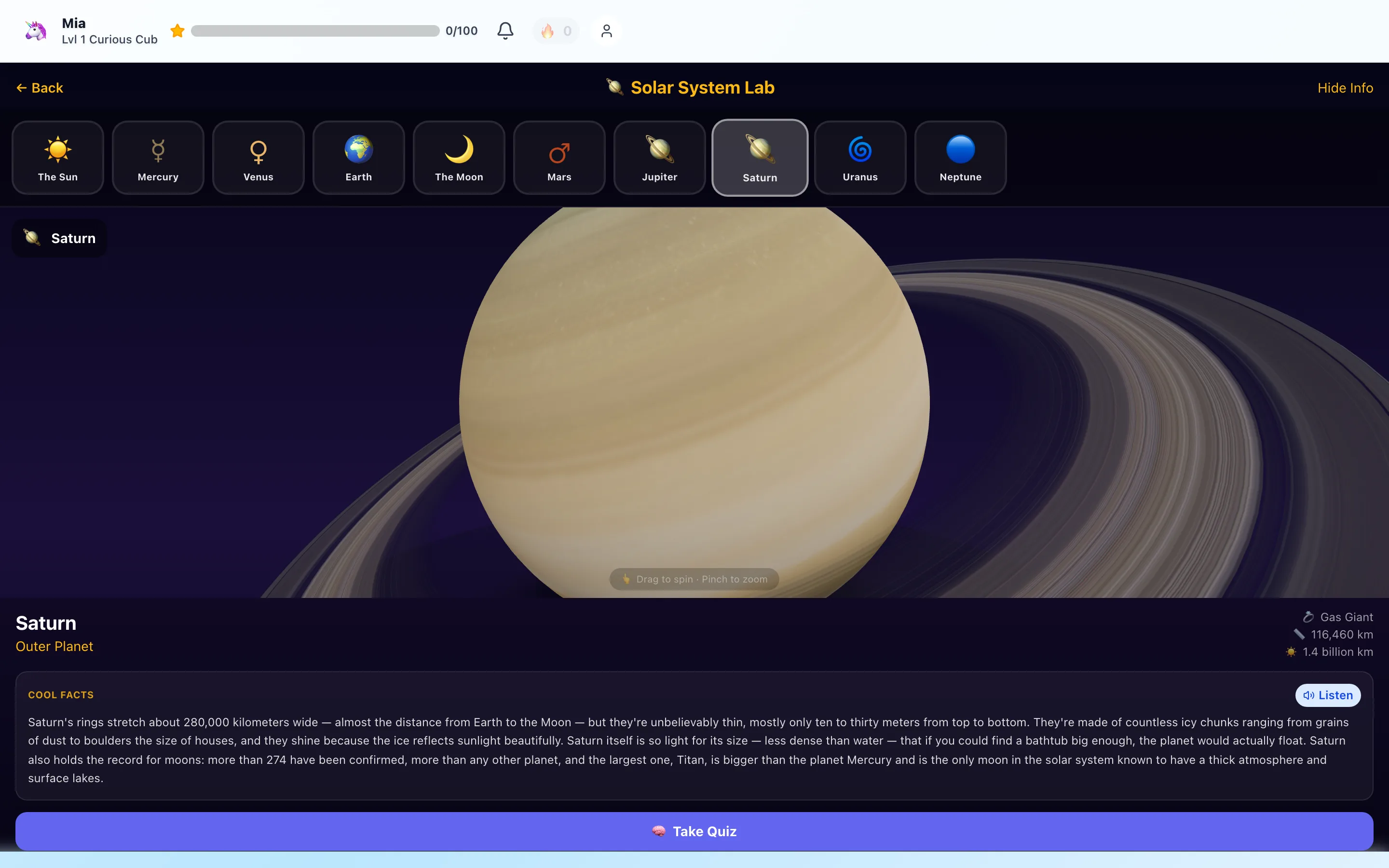 The Solar System Lab showing a 3D Saturn a child can spin and zoom, with its rings filling the screen and a Cool Facts panel below