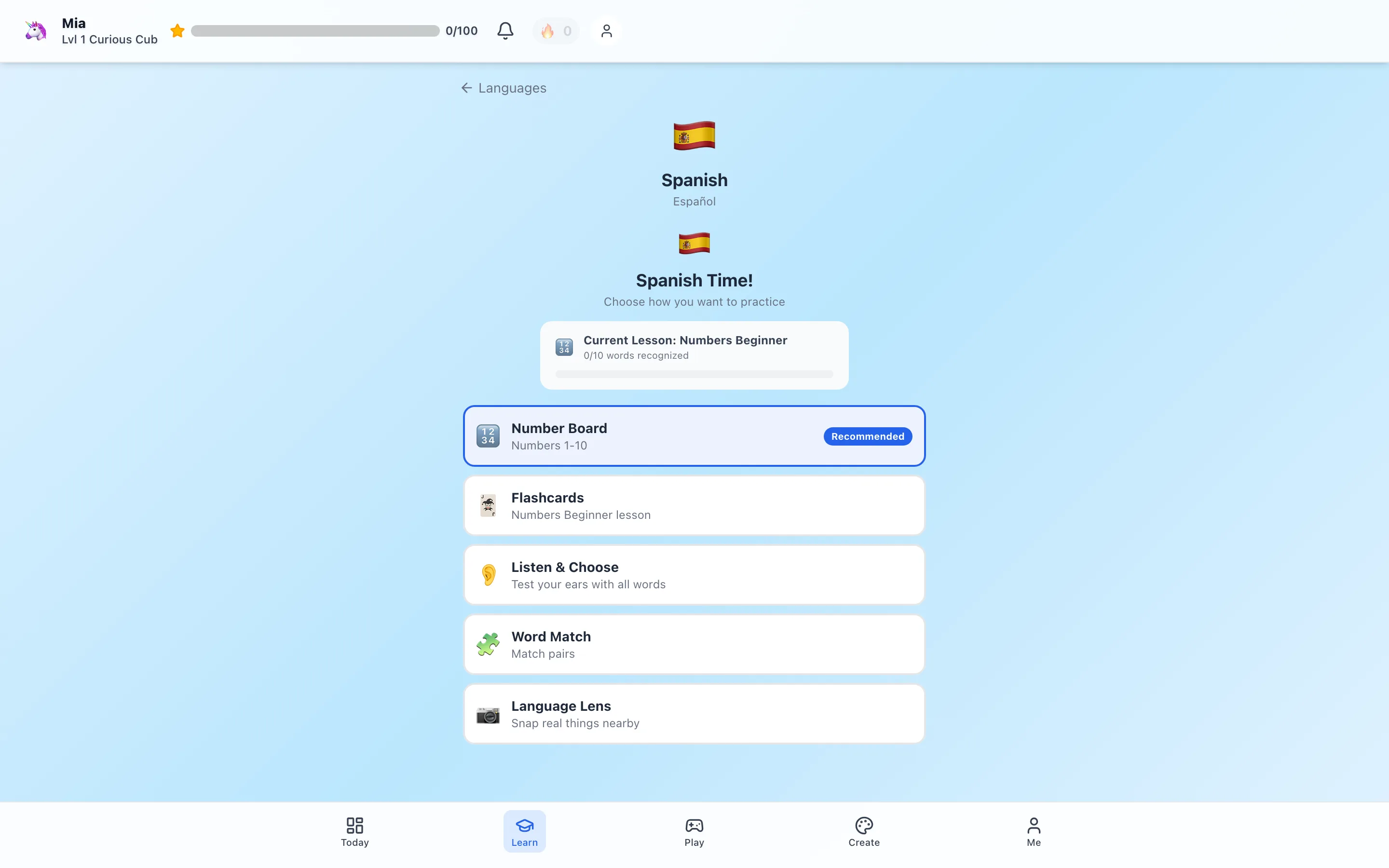 The Spanish home screen: "Spanish Time! Choose how you want to practice" with the current lesson (Numbers Beginner, 0/10 words) and a ladder of practice modes — Number Board (recommended), Flashcards, Listen & Choose, Word Match, and Language Lens