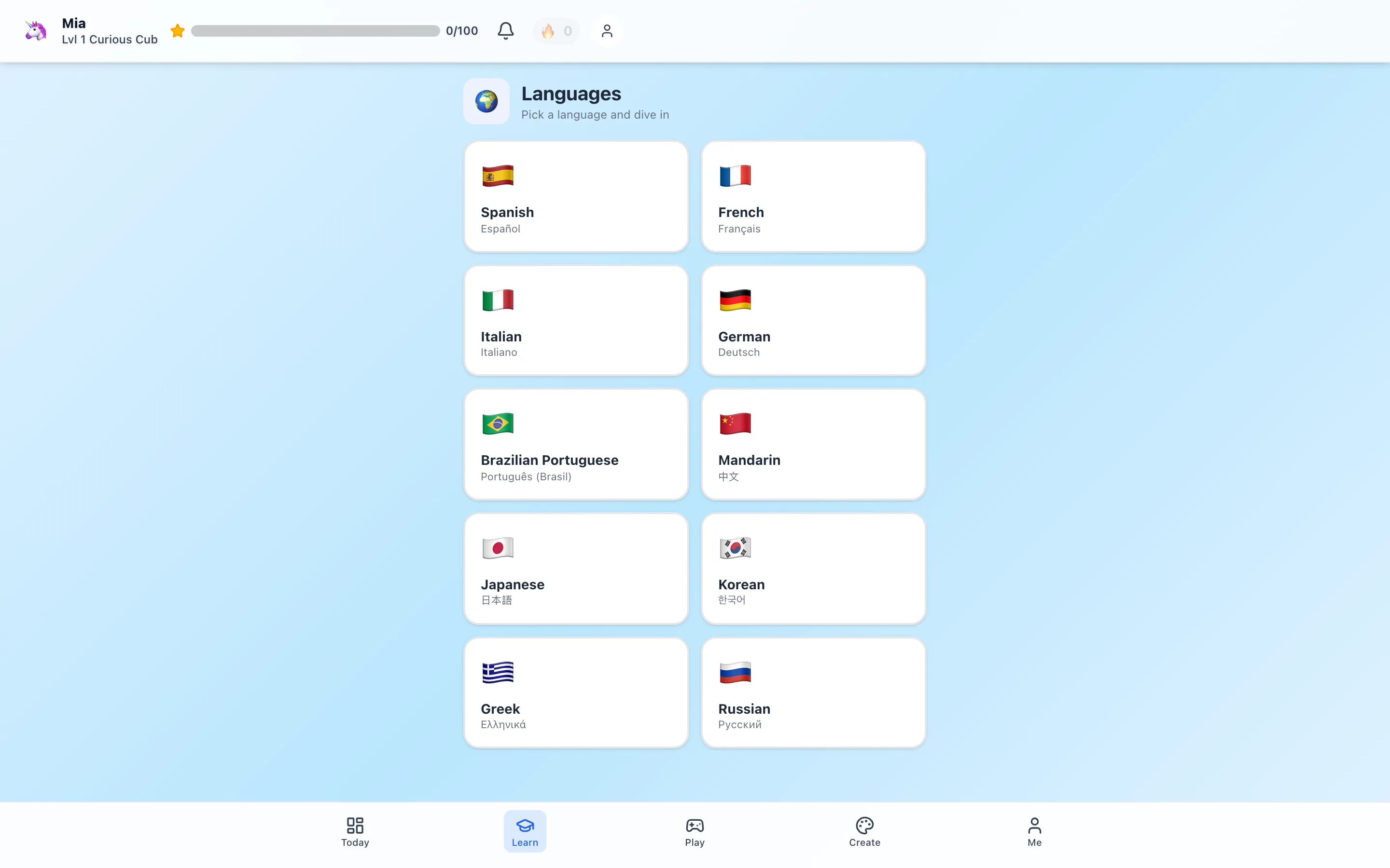 The HomeSchool.You language learning interface with 10 languages