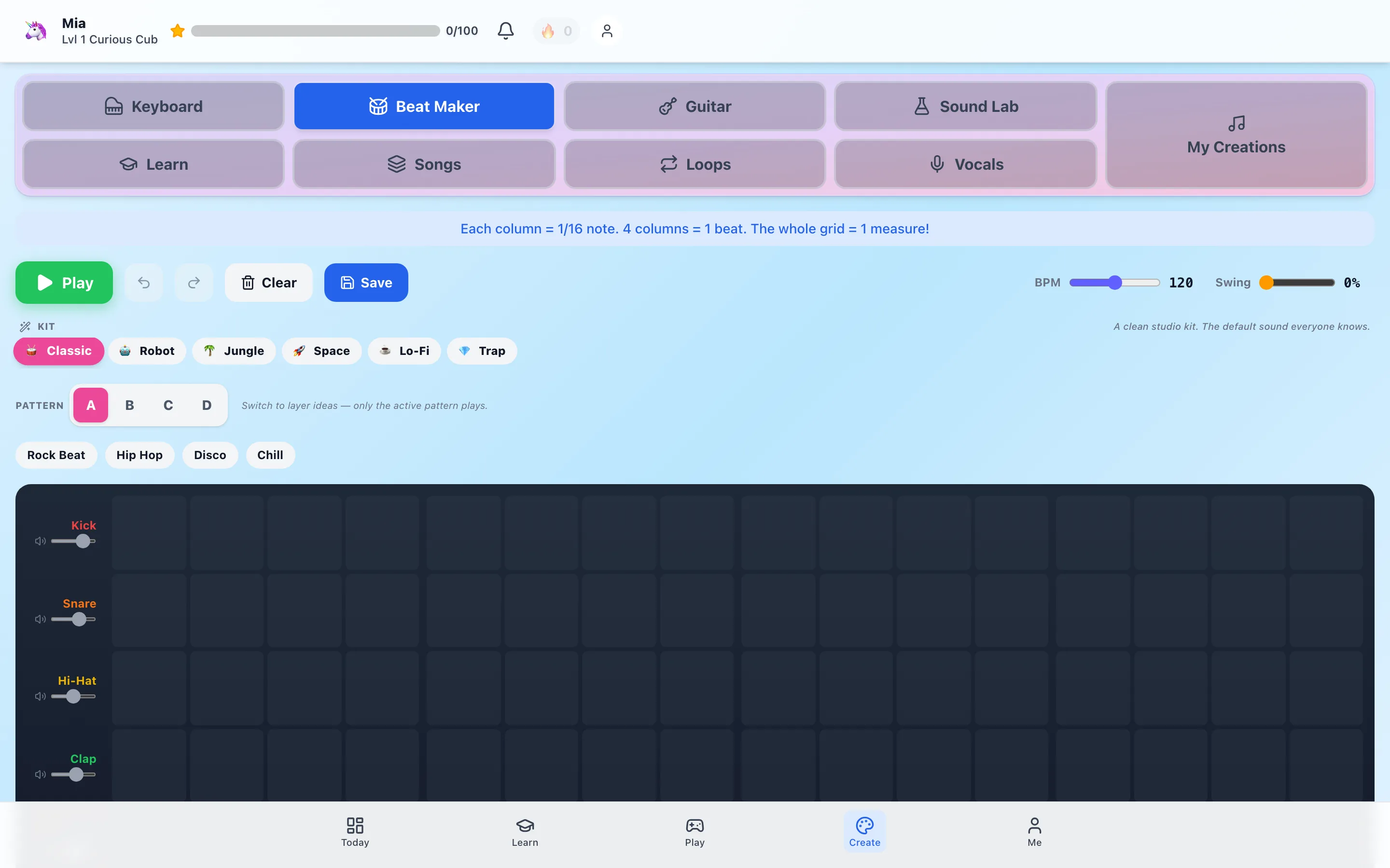 The Beat Maker: a 16-step drum grid with kick, snare, hi-hat and clap rows, each with its own volume slider, six kits (Classic, Robot, Jungle, Space, Lo-Fi, Trap), four pattern slots A through D, preset grooves (Rock Beat, Hip Hop, Disco, Chill), BPM at 120, swing control, and a banner explaining each column is a 1/16 note