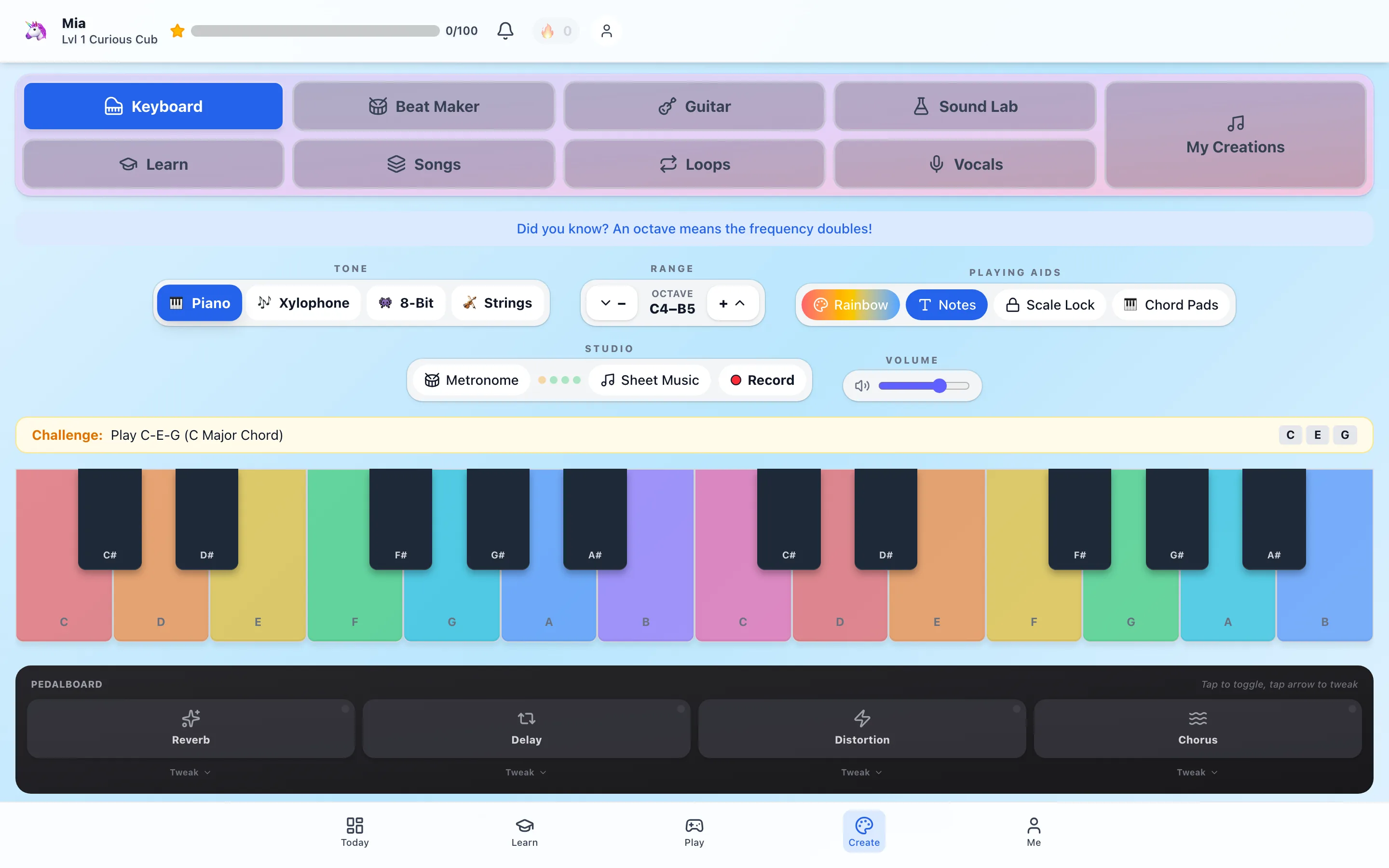 The music studio keyboard, two octaves of rainbow-colored keys with a C-E-G chord challenge, tone picker, metronome, sheet music, record button, and a pedalboard with reverb, delay, distortion, and chorus