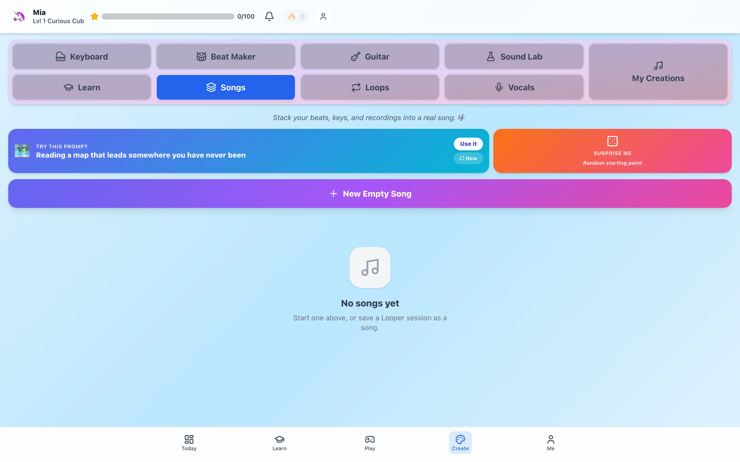 The Songs tab: "Stack your beats, keys, and recordings into a real song" with a creative prompt card reading "Reading a map that leads somewhere you have never been", a Surprise Me random starting point, and a New Empty Song button