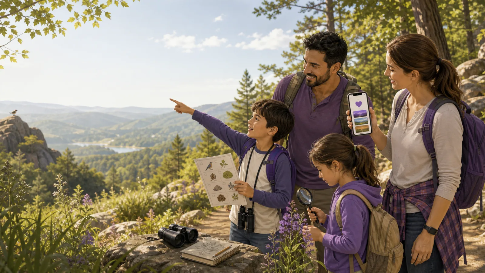 Illustrative family using a scavenger guide and shared park wishlist while learning outdoors